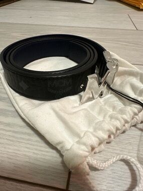 MCM Black Leather Belt with Silver 'M' Buckle